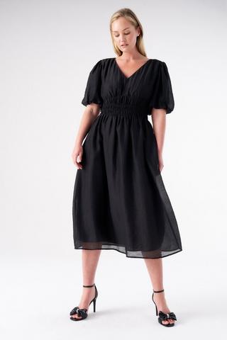 LINEN BLEND BLACK EMPIRE WAIST DRESS