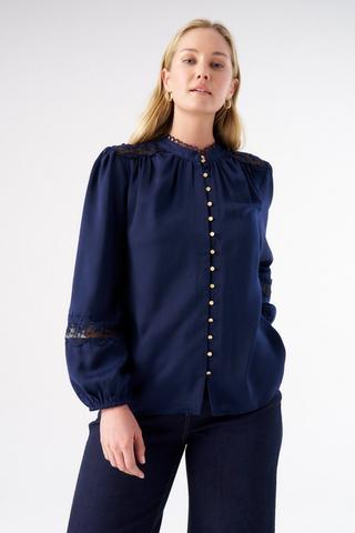 SATIN BLOUSE WITH LACE NAVY
