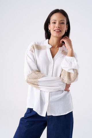 LACE TRIM LINEN BLEND SHIRT WHITE
