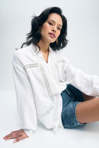 LINEN BLEND LACE TRIM SHIRT WHITE