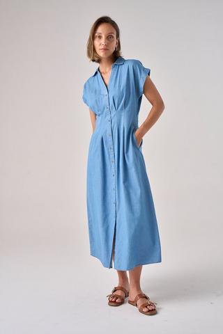 DENIM SHIRT DRESS PLEATED WAIST