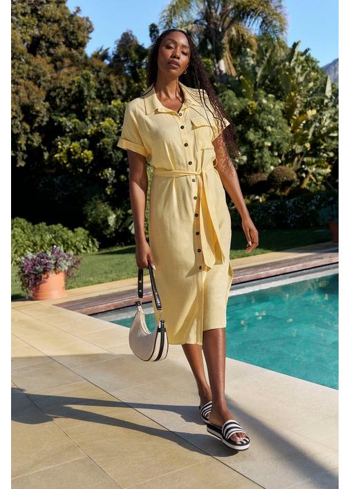 yellow shirt dress for women Yumi Maxi Shirt Dress | Elevated Crepe Belted Silhouette