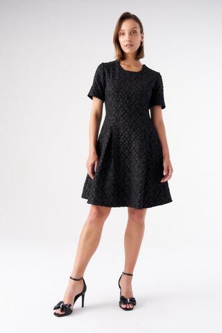 BLACK JACQUARD FIT AND FLARE DRESS