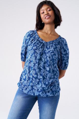 PRINTED PEASANT TOP BLUE