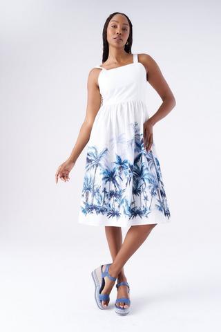 PALM PRINT DRESS BLUE