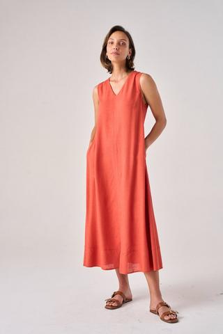 LINEN BLEND SHIFT DRESS RUST