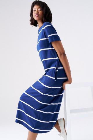 KNIT STRIPE SHIRT DRESS NAVY