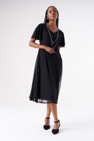 MESH FIT AND FLARE DRESS BLACK
