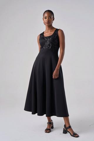 FLORAL EMBELLISHMENT FIT AND FLARE DRESS