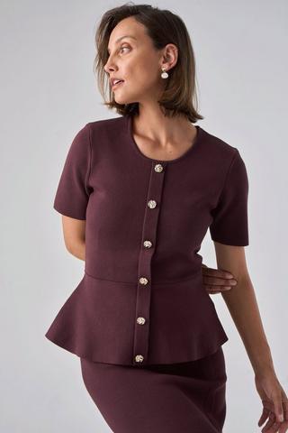KNIT PEPLUM TOP BROWN