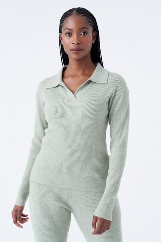 RIBBED JOHNNY COLLAR TOP SAGE