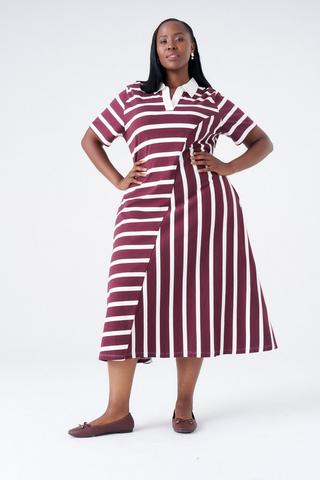 STRIPE COLLARED DRESS BURGUNDY