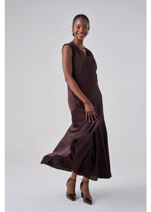 brown peasant dress One Shoulder Strap Satin Brown Slip Dress main image 1
