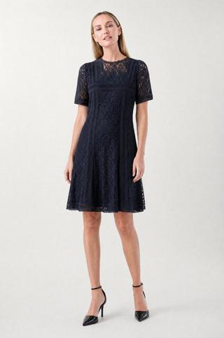 LACE PANEL FIT AND FLARE DRESS NAVY