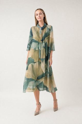 MESH TRAPEZE GREEN FLORAL DRESS