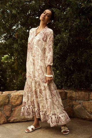 FLORAL PRINT PEASANT DRESS STONE