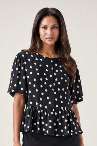 POLKA DOT PEPLUM TOP BLACK