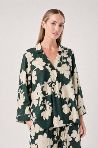 LINEN BLEND HENLEY TOP FLORAL