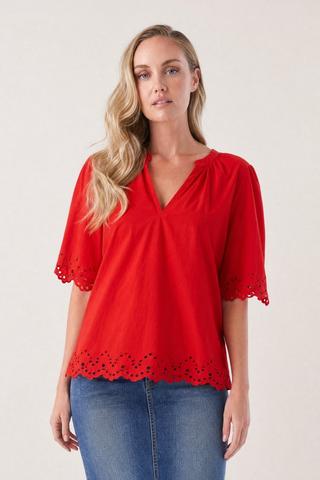 HENLEY POPLIN TOP ANGLAISE RED