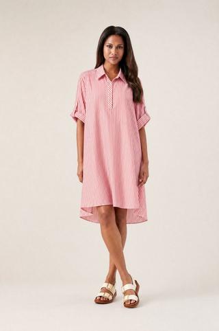 HENLEY POPLIN DRESS CORAL STRIPE