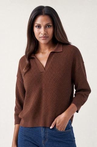 COLLARED KNIT TOP CHOC BROWN