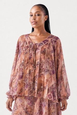 FLORAL PRINT CHIFFON PEASANT TOP