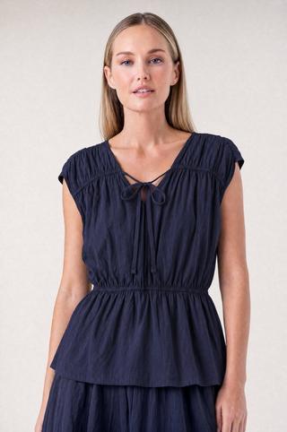 SHIMMER VOILE PEASANT TOP NAVY