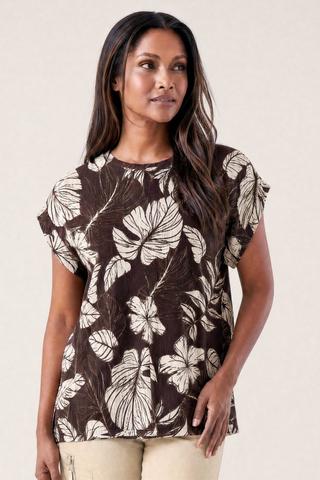 TEXTURED FLORAL PRINT TEE BROWN