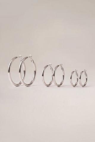 3 PACK SILVER HOOP EARRINGS