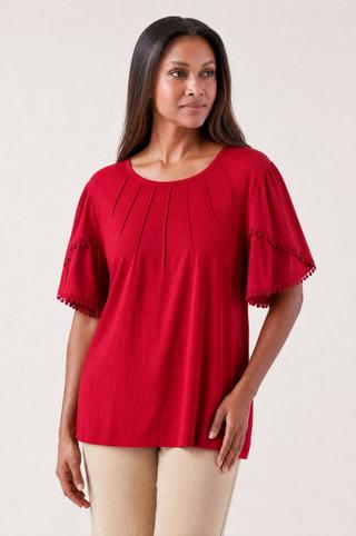 RED PINTUCK BOBBLE LACE TOP