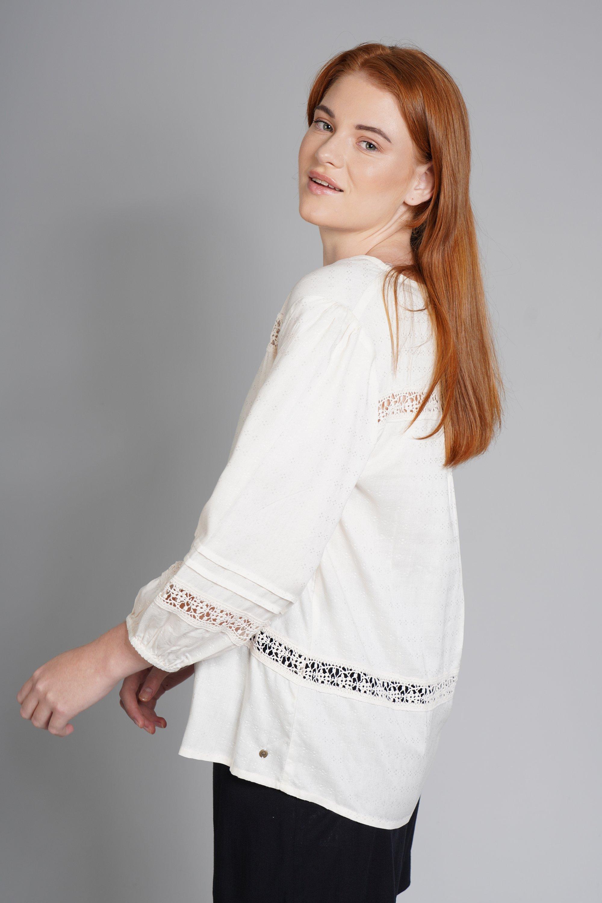 Women Red Rib Front Button Lace Detail Top