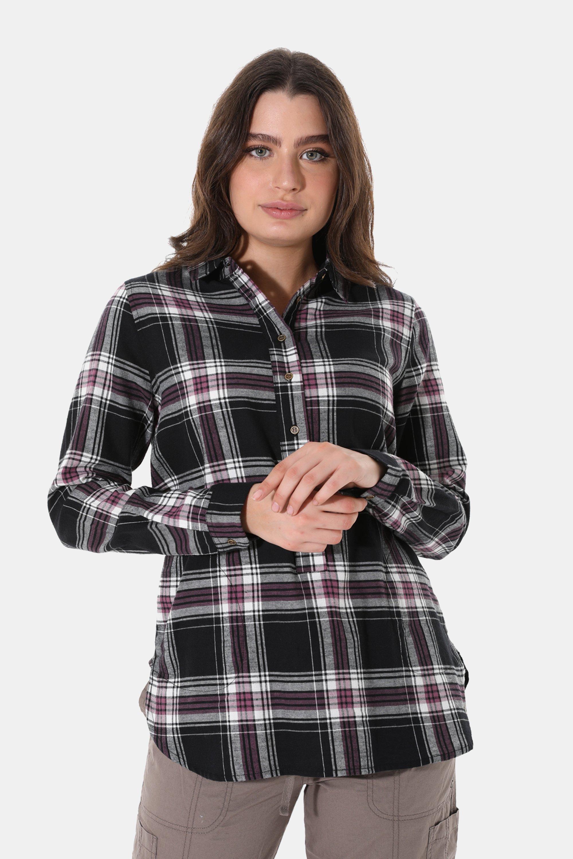 Flannel Button-Up Shirt for Tall Women in Mauve and Blue Plaid