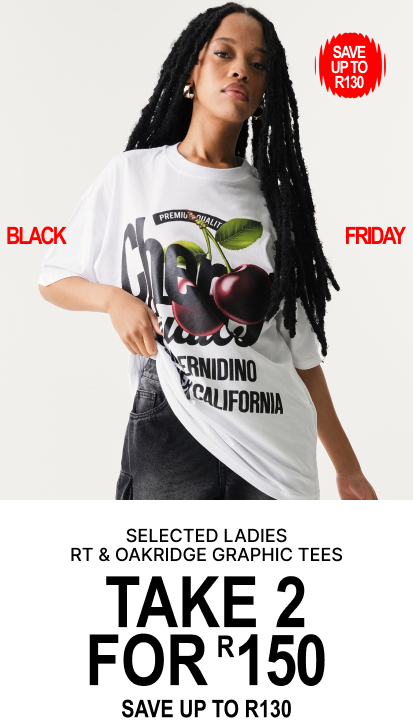 Selected  ladies RT and Oakridge graphic tees take 2 for R150