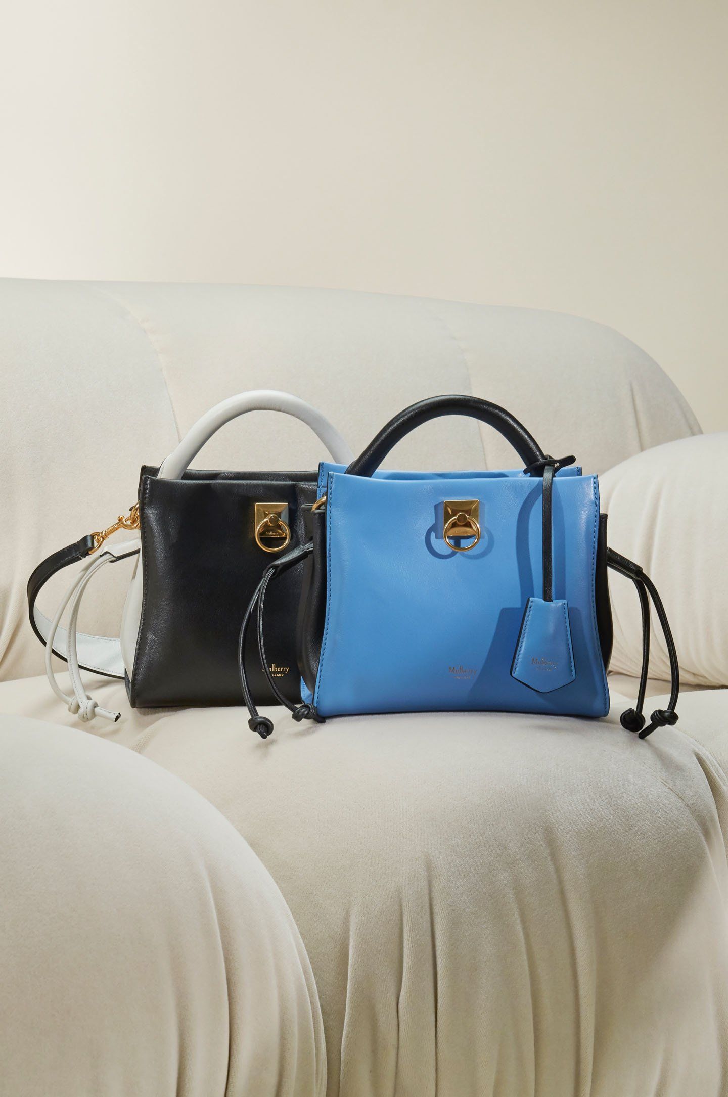 mulberry Mini Iris Bag in Black & White Matte Calf und mulberry Mini Iris Bag in Cornflower Blue & Black Matte Calf