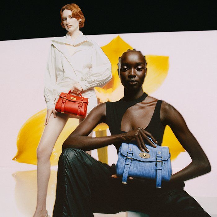 オレンジとブルーのマルベリー ミニ アレクサ バッグを保持している 2 つのモデル