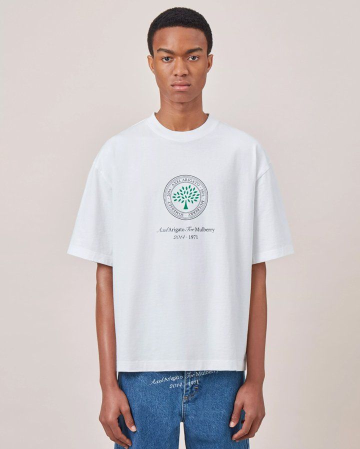 model wearing Axel Arigato for Mulberry Box Fit T-shirt in white cotton