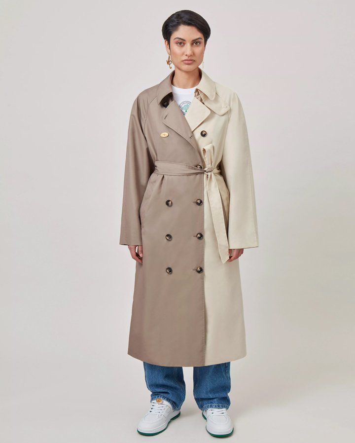 model wearing Axel Arigato for Mulberry Trench Coat