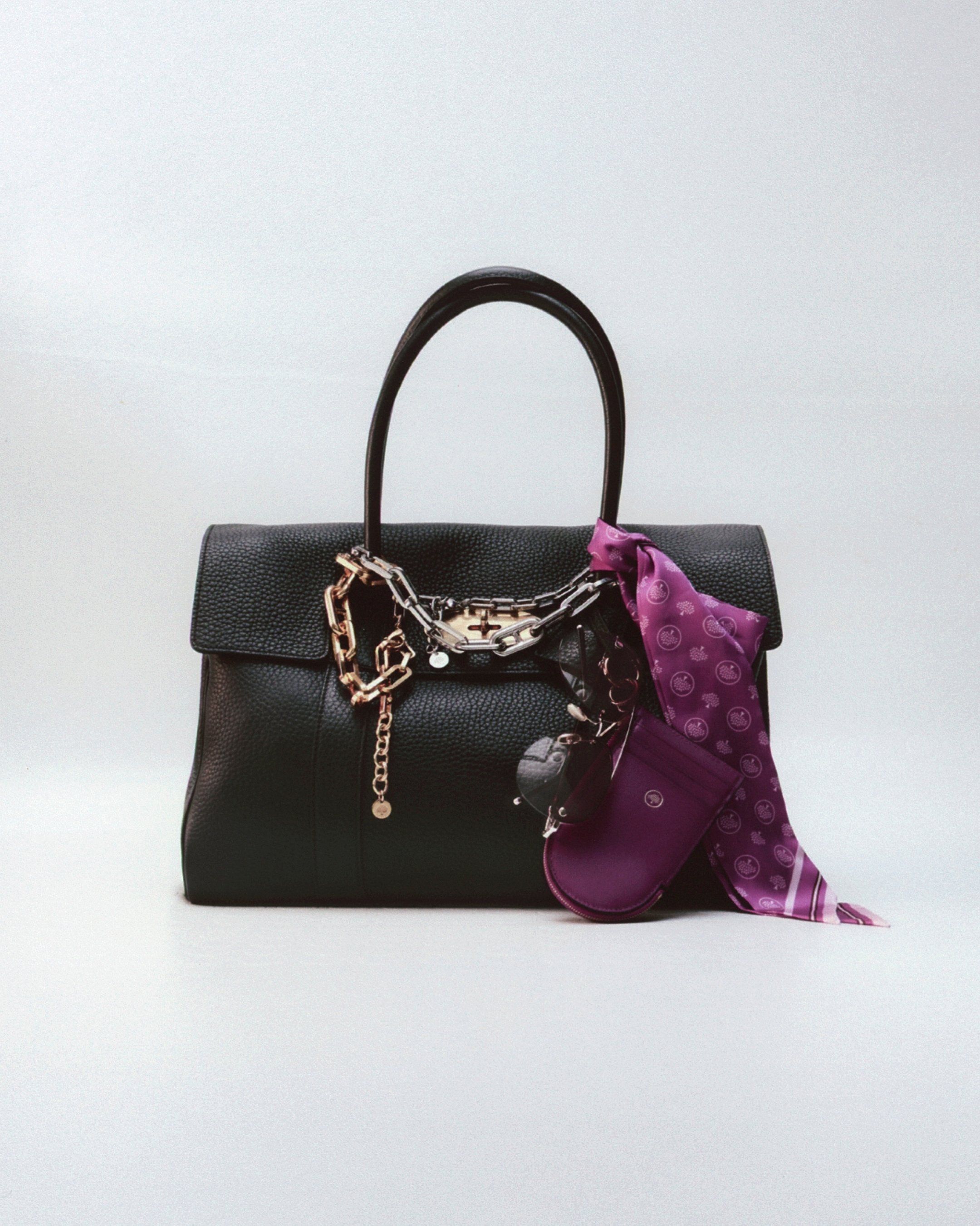 Mulberry Bayswater bag in dark brown leather with scarves and charms