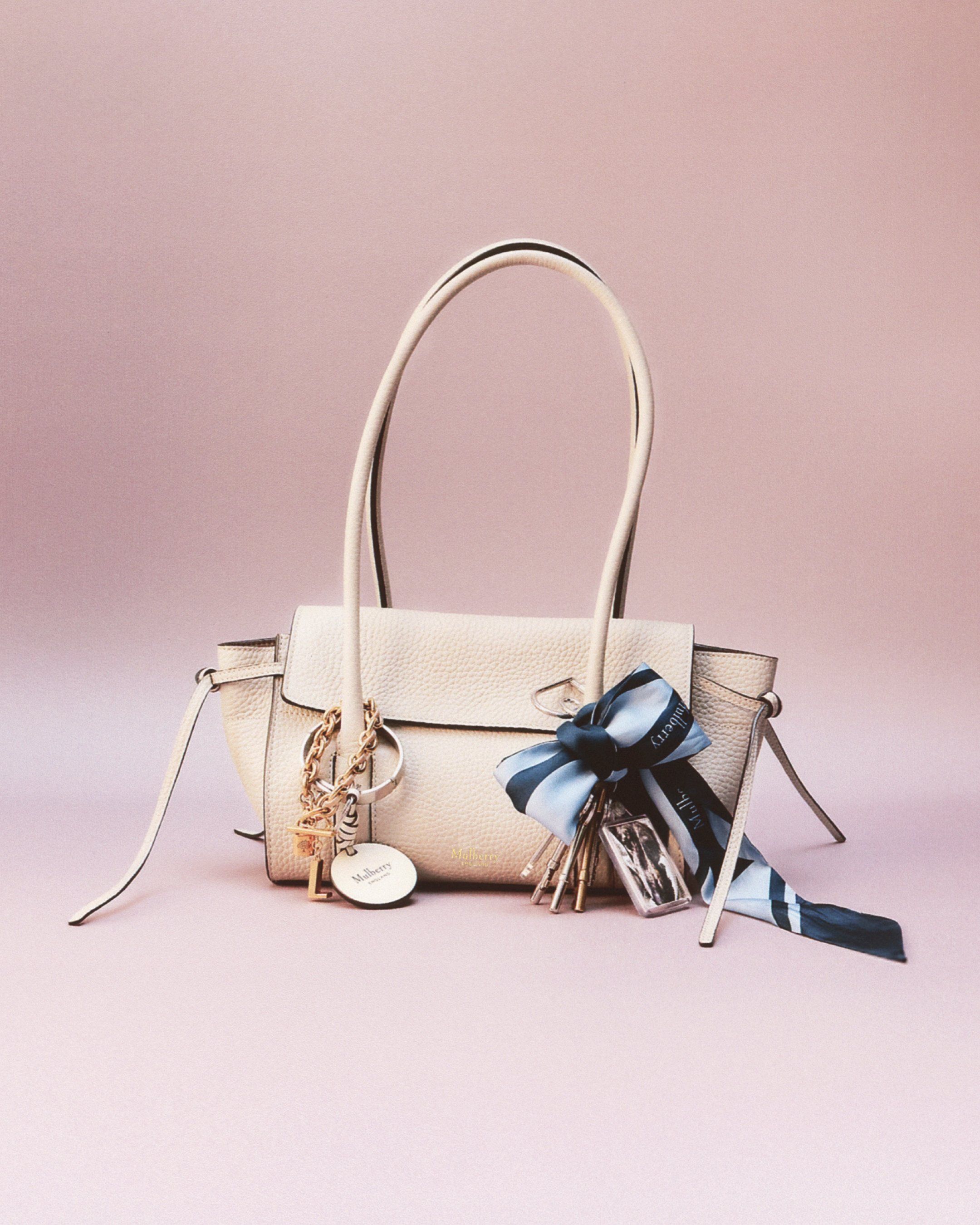 Mulberry small soft Bayswater bag in chalk leather with keyrings and scarves