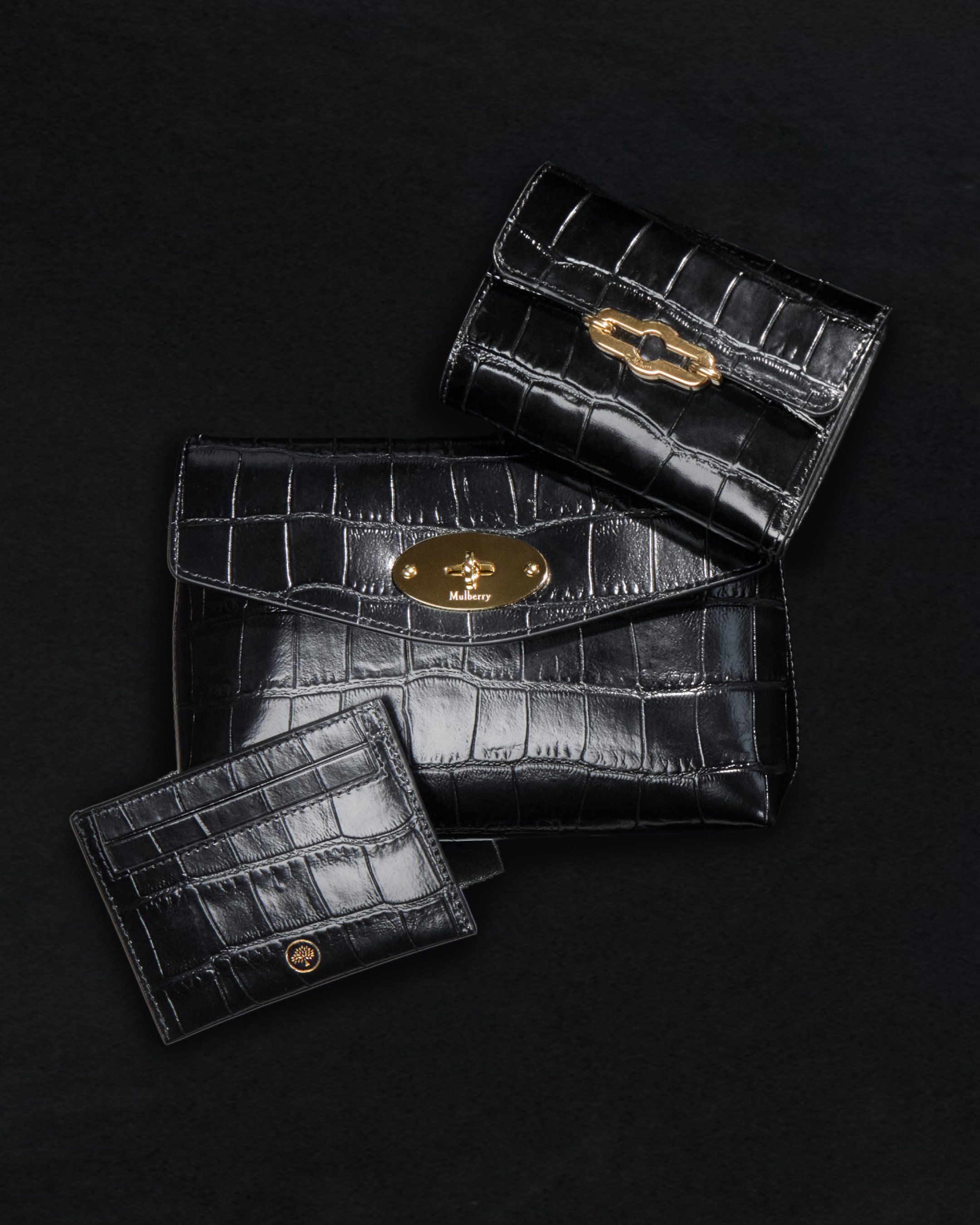 Three small leather goods from Mulberry in black leather with croc print