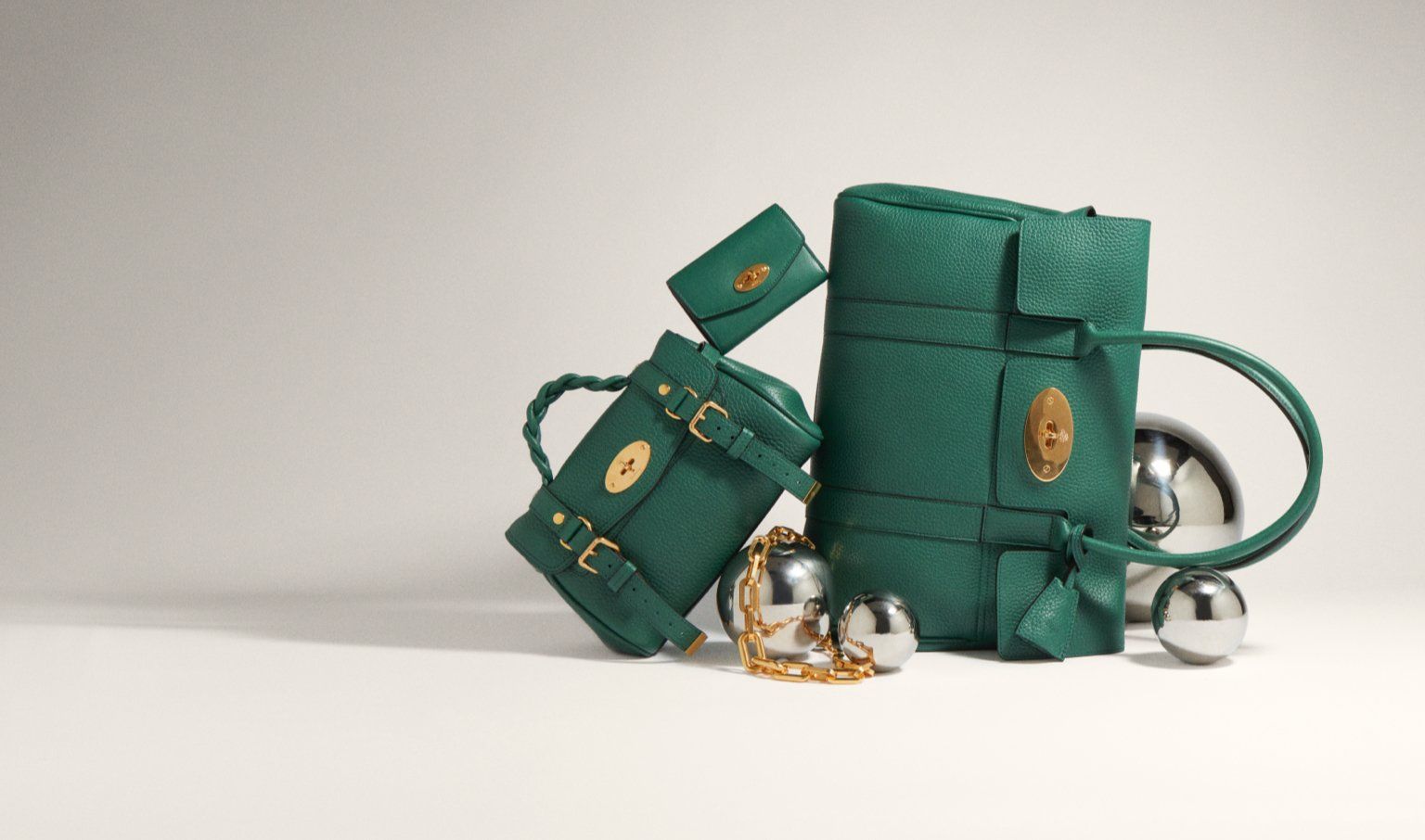group shot of Mulberry Bayswater, Alexa and Folded Multicard Wallet in Malachite