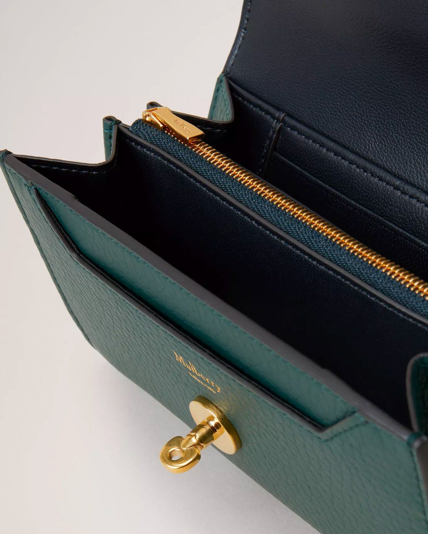 Inside shot of Medium Darley Wallet in Mulberry Green Heavy Grain