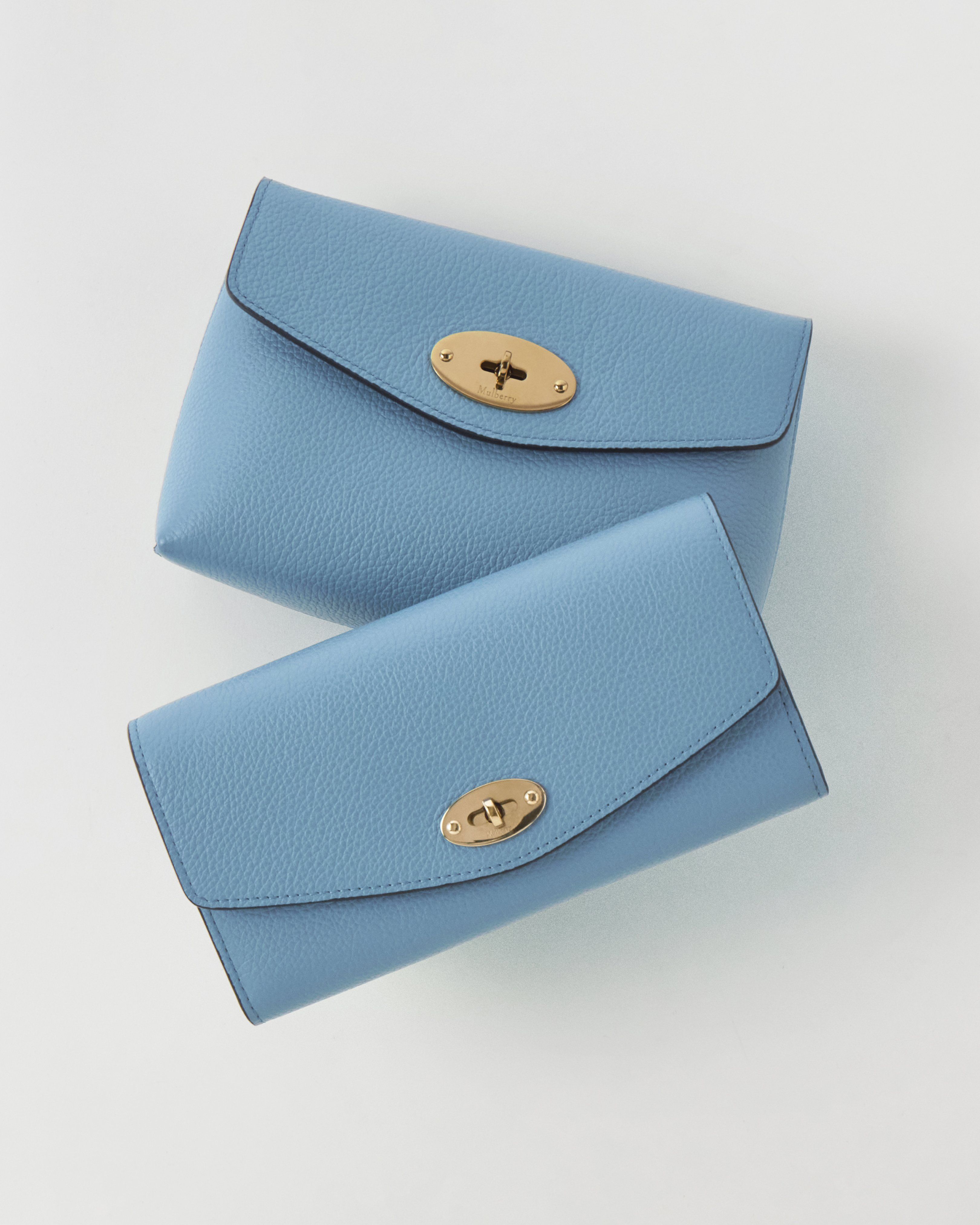 Mulberry Darley cosmetic pouch and Darley wallet in Brighton Blue leather