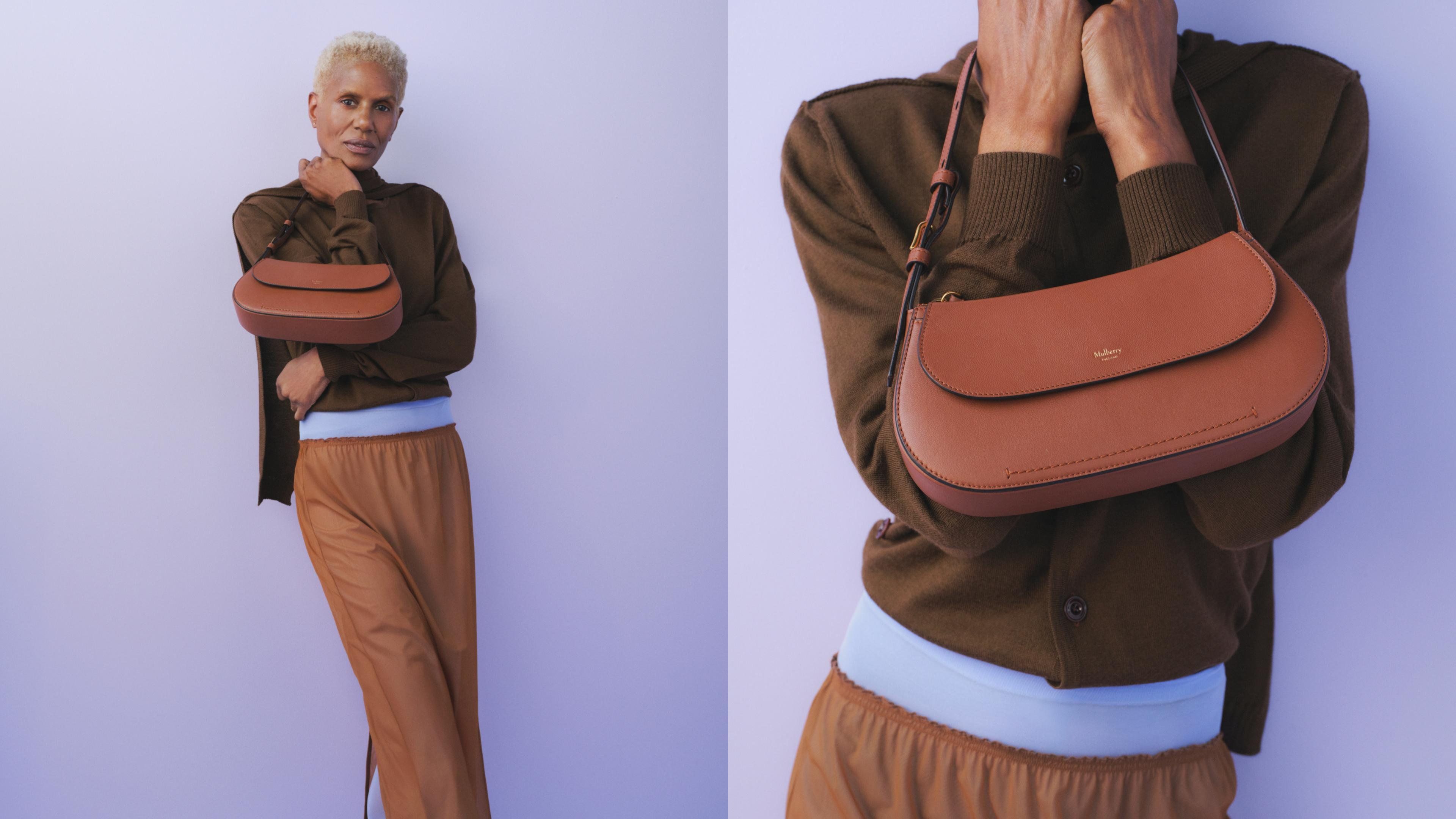 Model with Mulberry Clovelly shoulder bag in brown leather