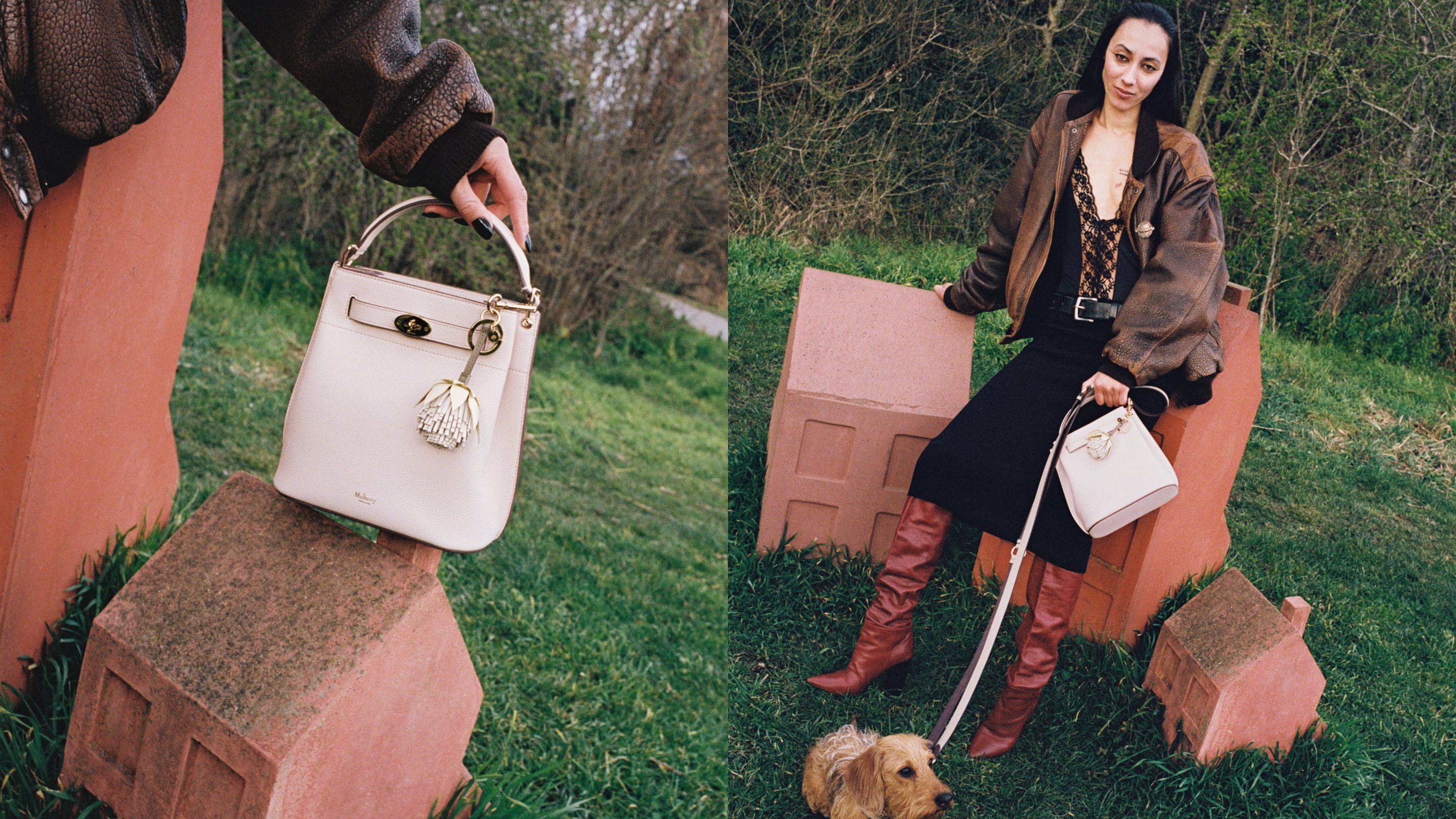 Model holding the Mulberry Islington Bucket bag in blossom pink leather