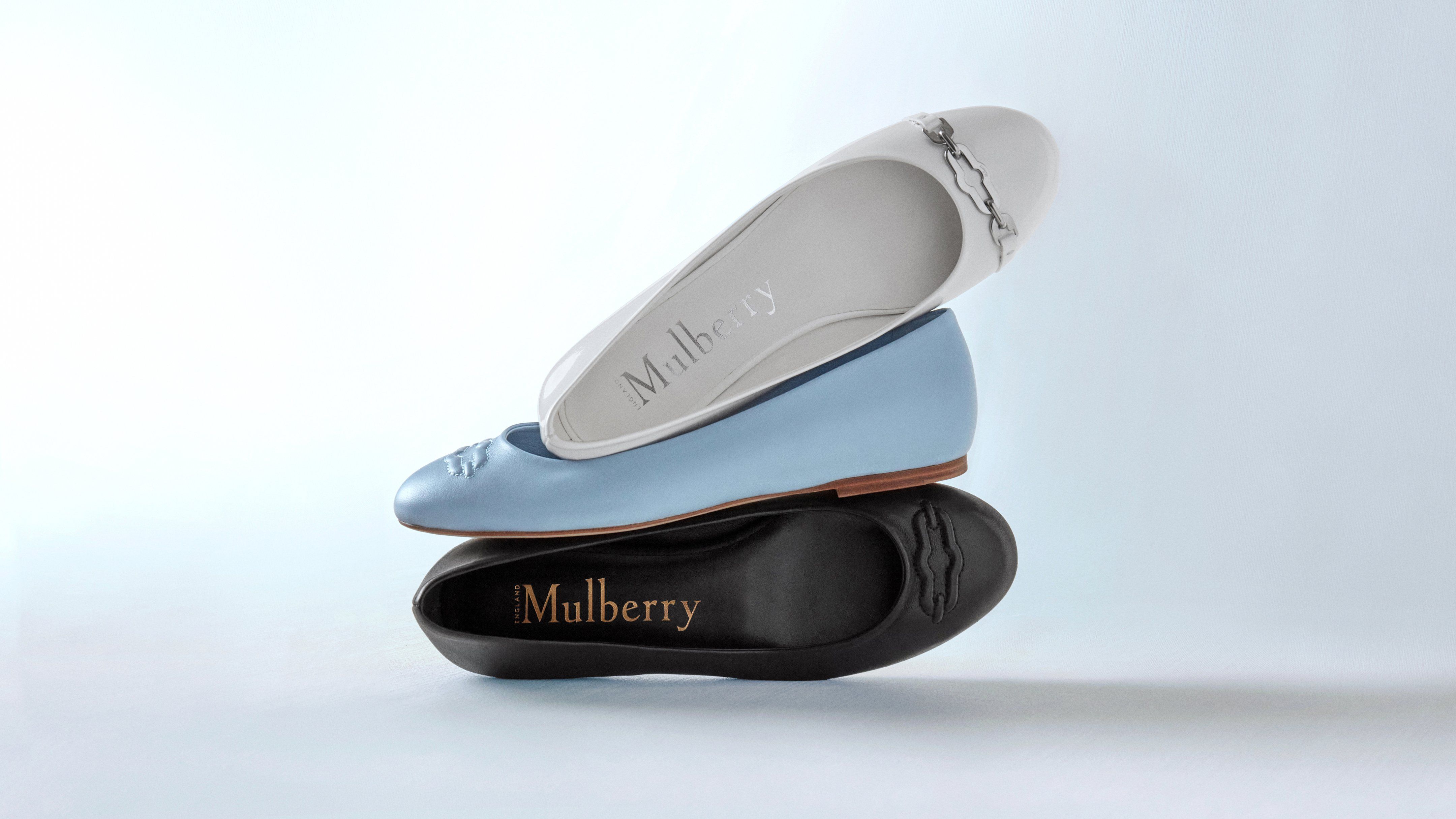 Mulberry Pimlico Ballerinas in Weiß, Popeline-Blau und Schwarz