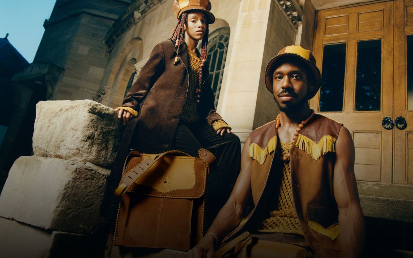 Two models from the Mulberry x Nicholas Daley campaign