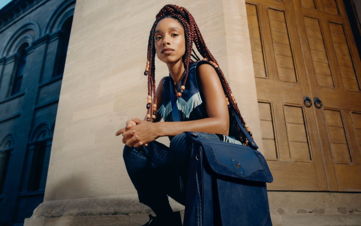 Model with a bag from the Mulberry x Nicholas Daley collection