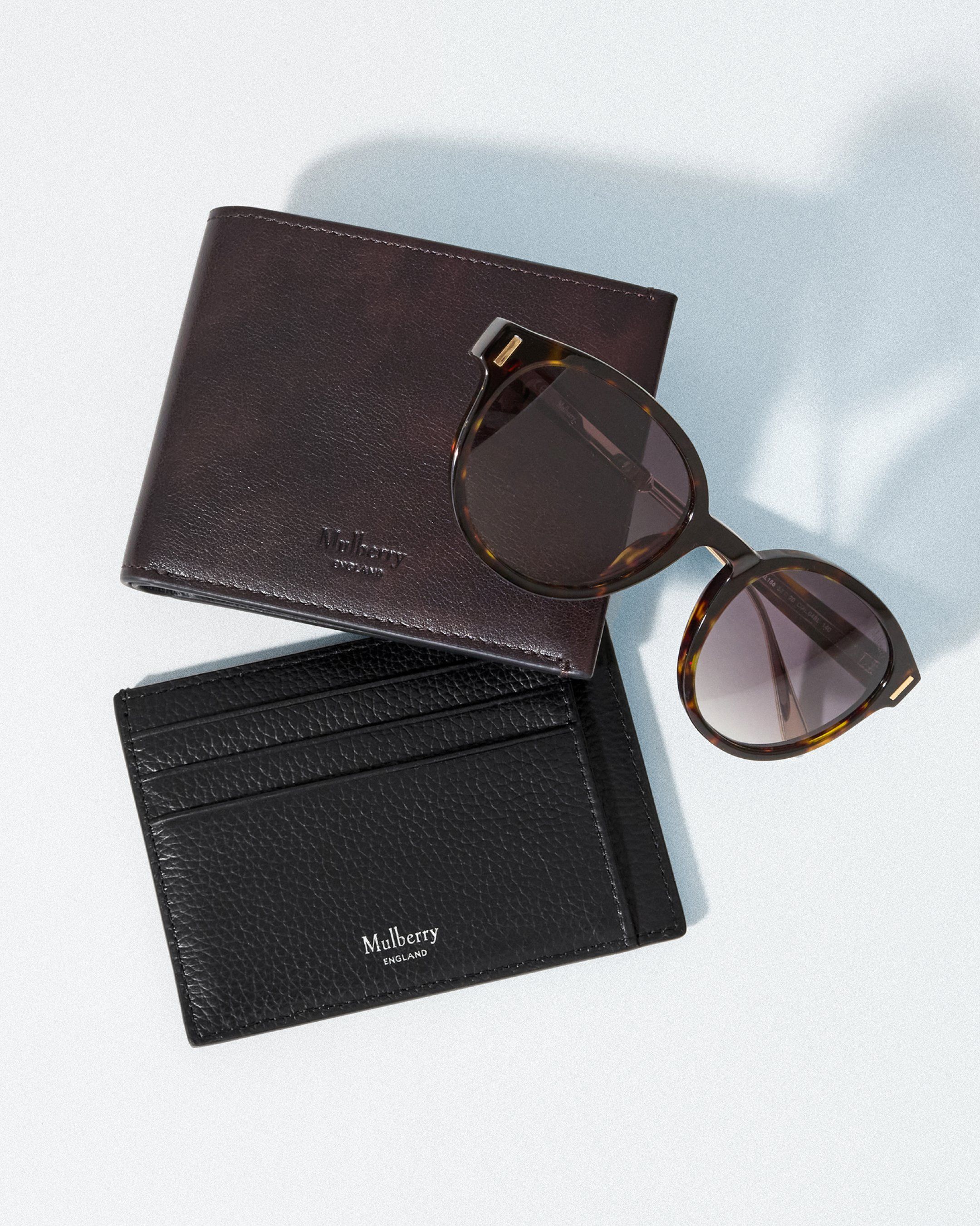 Mulberry card slip in black leather, wallet in chocolate brown leather and tortoiseshell sunglasses