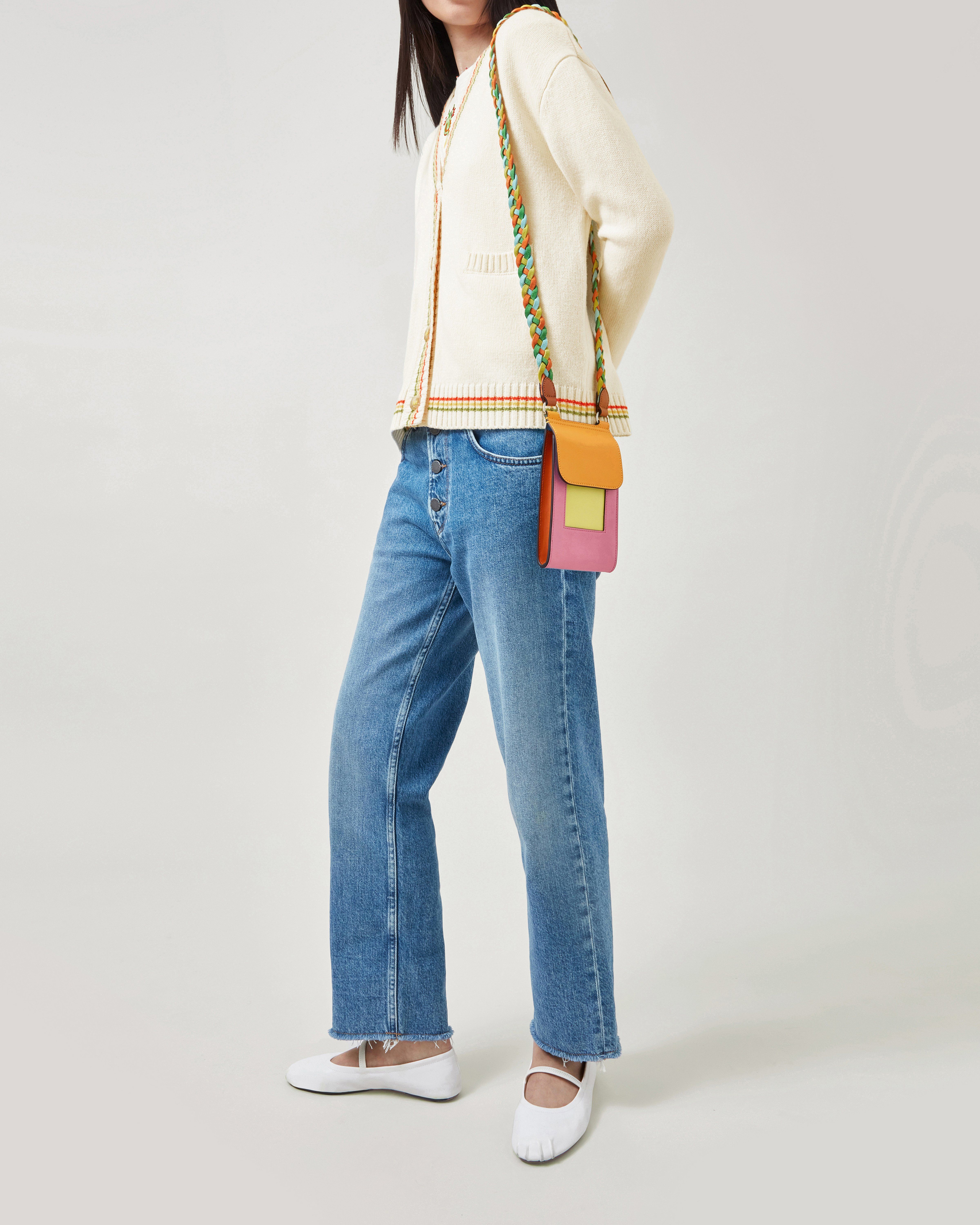 Model wearing Mulberry x Mira Mikati Mini Antony bag in Honey and Multicolour